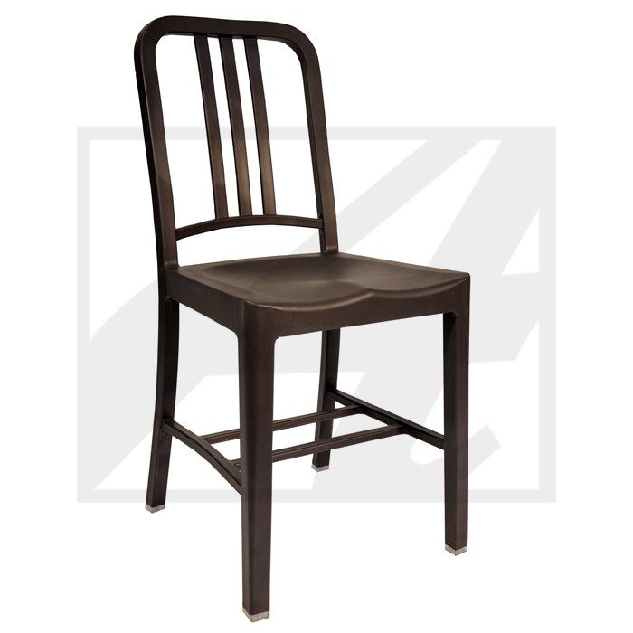 A simple wooden chair with a dark finish and slatted backrest.