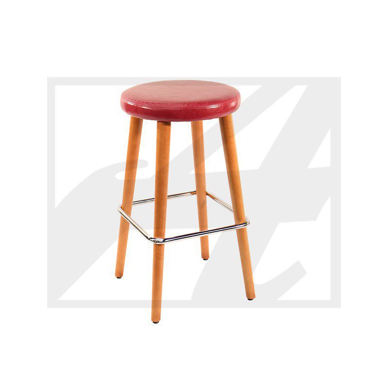 Classic wooden bar stool with a red cushioned seat.