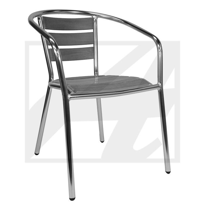A sleek metal chair with horizontal slats and curved armrests.