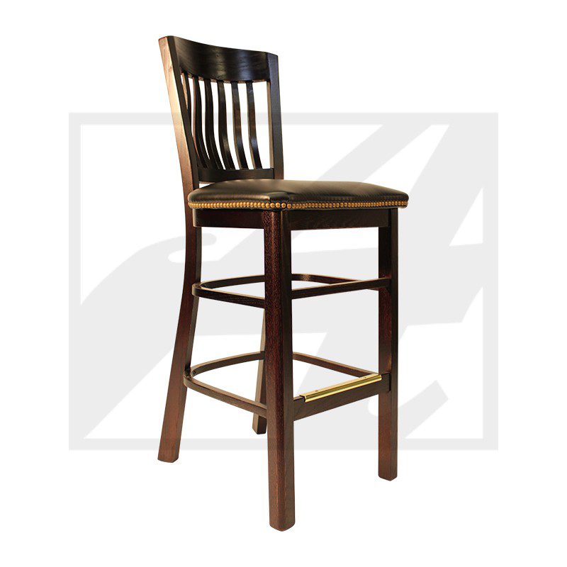 Wooden bar stool with a slatted back and dark finish.