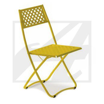 Yellow metal folding chair with a perforated backrest and seat.