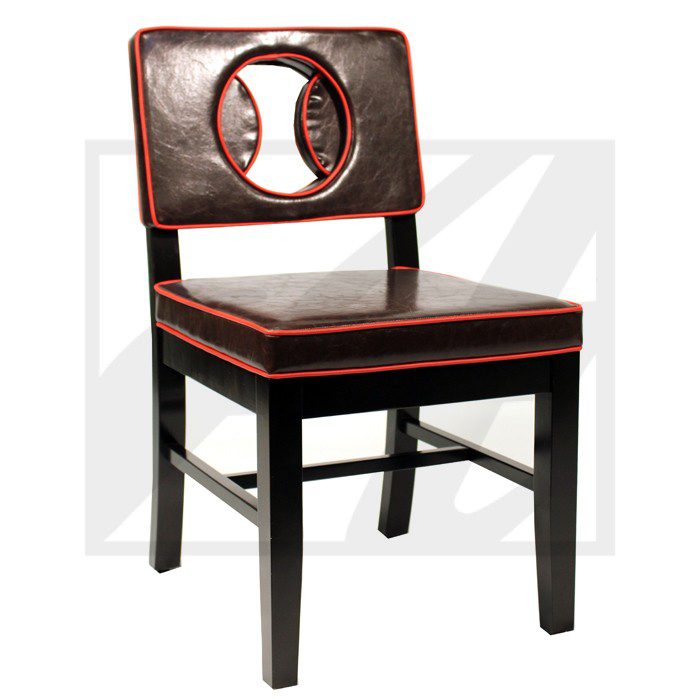 Elegant wooden chair with a circular cutout in the backrest.