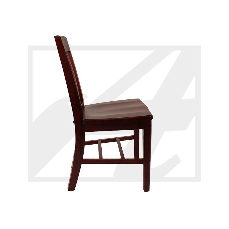 Wooden dining chair with leather seat cushion and backrest.