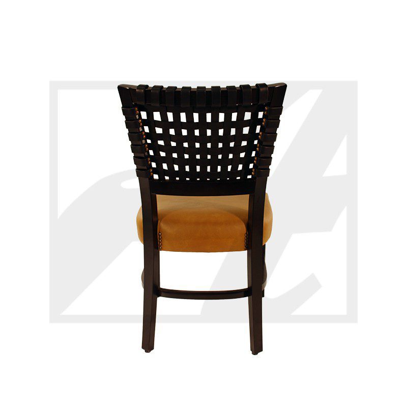 Wooden chair with woven backrest and cushioned seat.