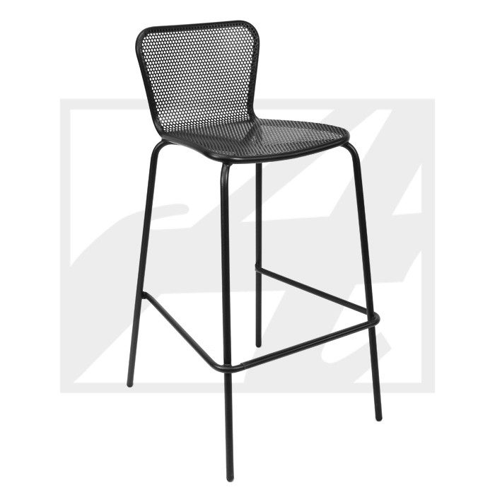 Modern black metal bar stool with mesh backrest and cushioned seat.