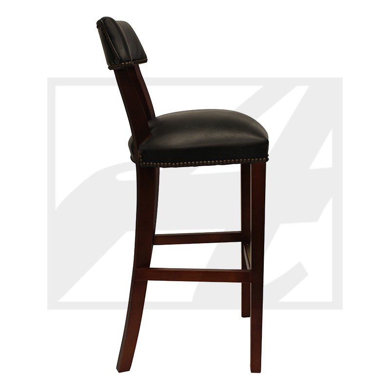 Dark wooden bar stool with black cushioned seat and backrest.