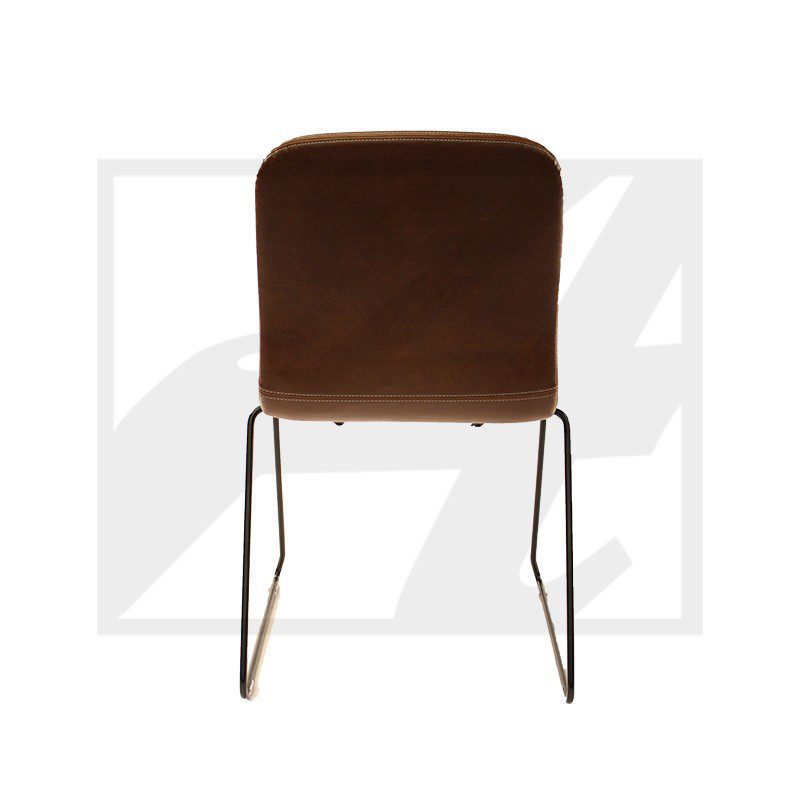Minimalist brown chair with metal sled legs.