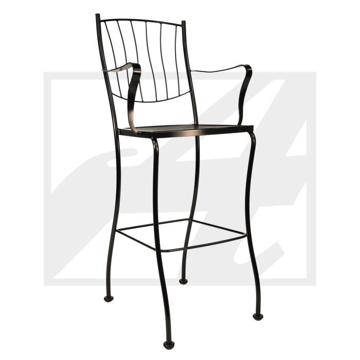 Elegant metal bar stool with backrest and armrests.