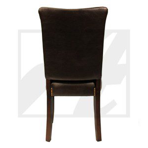 Back view of a brown upholstered dining chair with wooden legs.