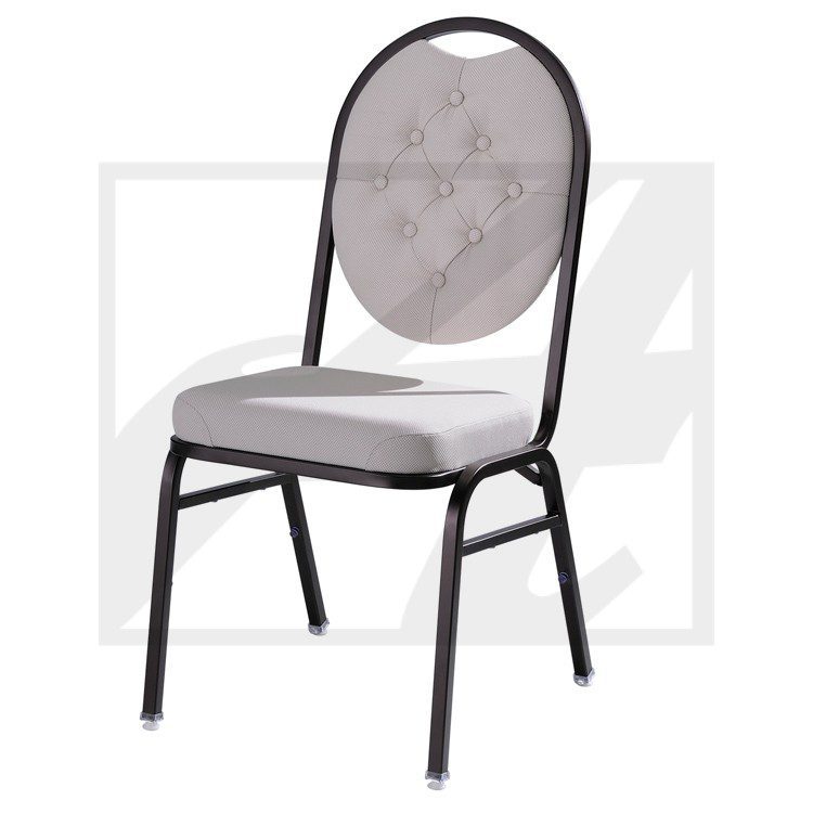 A cushioned banquet chair with a metal frame and patterned backrest.