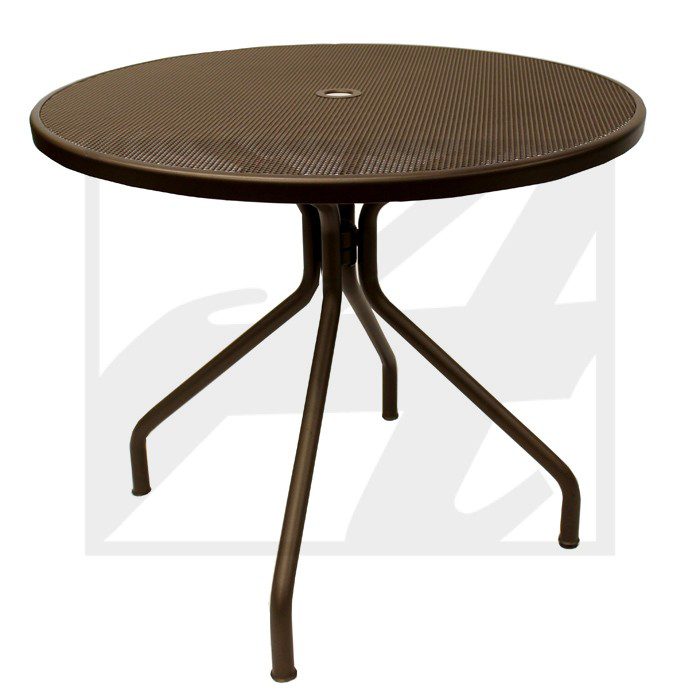 Round brown table with three curved legs.