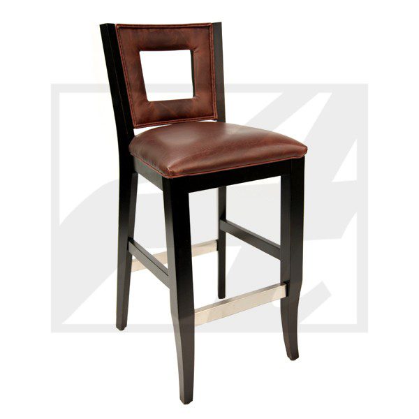 Elegant wooden bar stool with a cushioned brown leather seat.