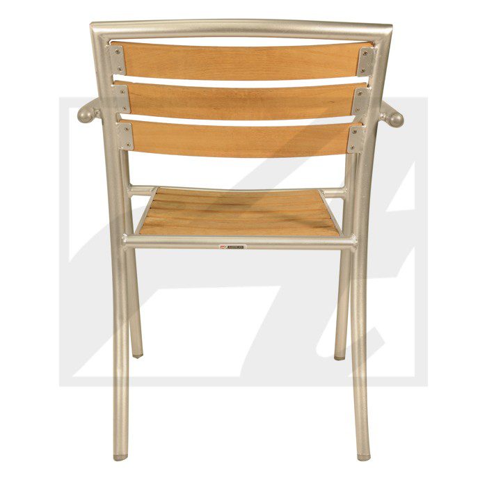Back view of a wooden and metal chair with armrests.