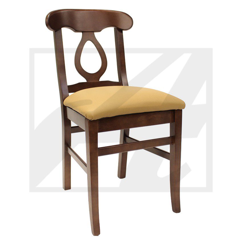 Wooden chair with cushioned seat and decorative backrest.