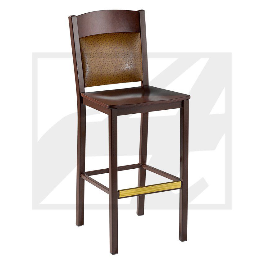Wooden bar stool with a cushioned seat and backrest.