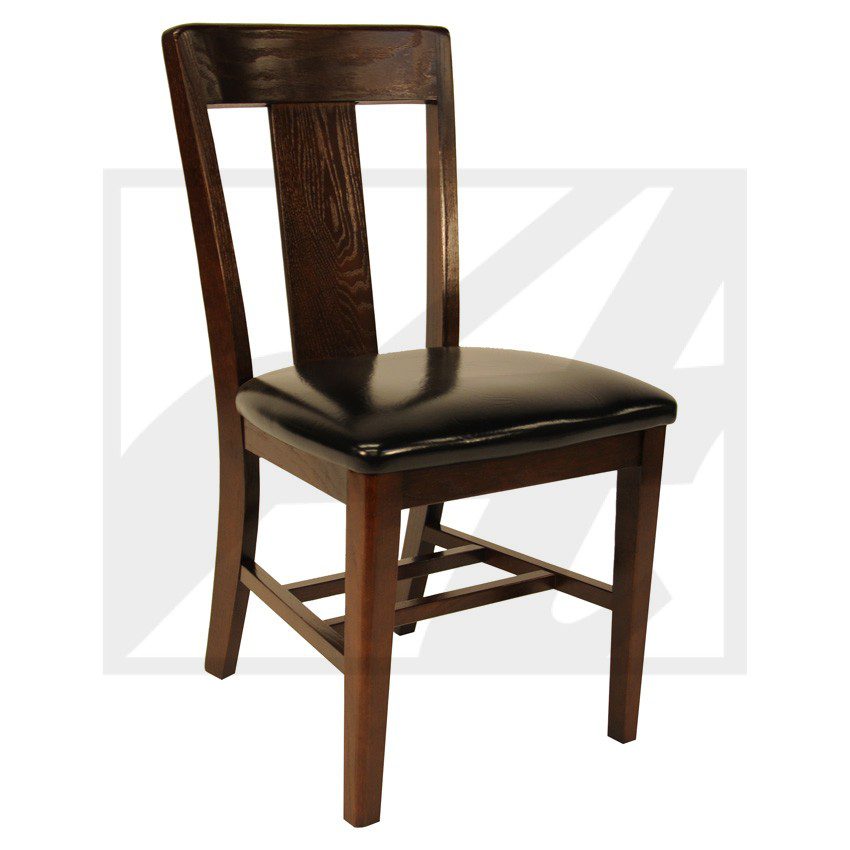 Wooden dining chair with cushioned seat and open back design.