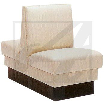 Beige cushioned chair with dark wooden base.