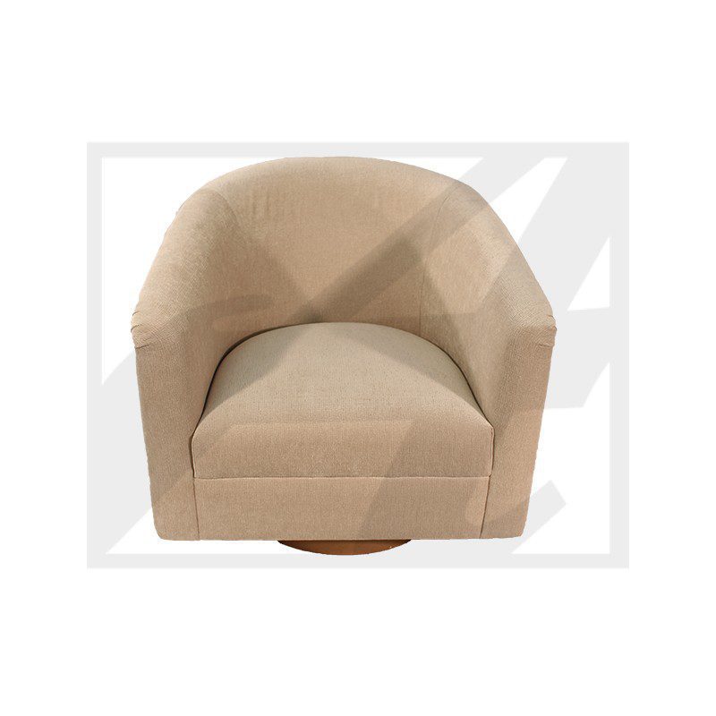 Beige modern swivel armchair with rounded backrest and cushioned seat.