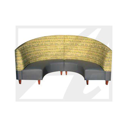 Curved sectional sofa with a textured yellow backrest and gray cushions.