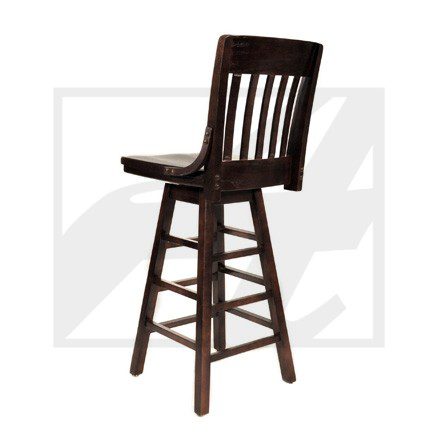 Dark wooden bar stool with vertical slat back and footrest.