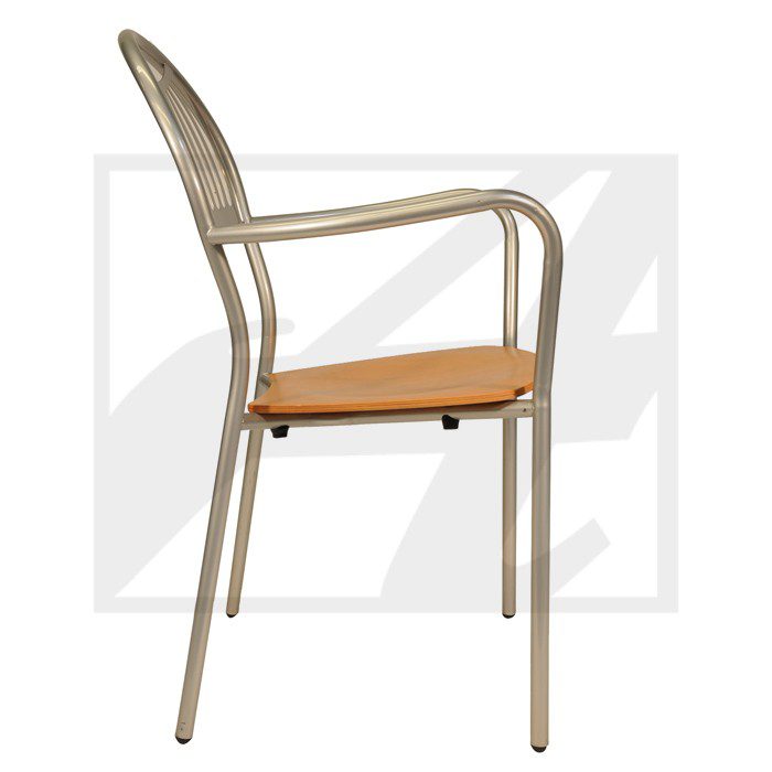Modern metal and wood chair with armrests and cushioned seat.