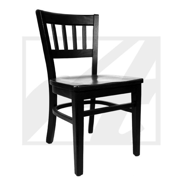 A classic black wooden chair with a slatted backrest.