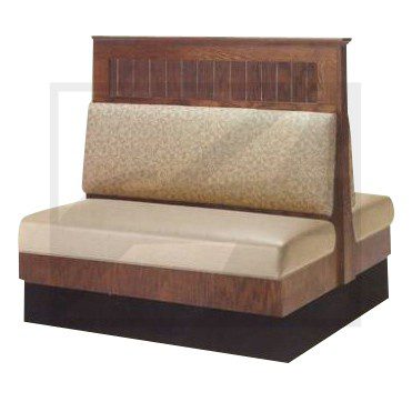 A brown and beige restaurant booth seat with a wooden backrest.