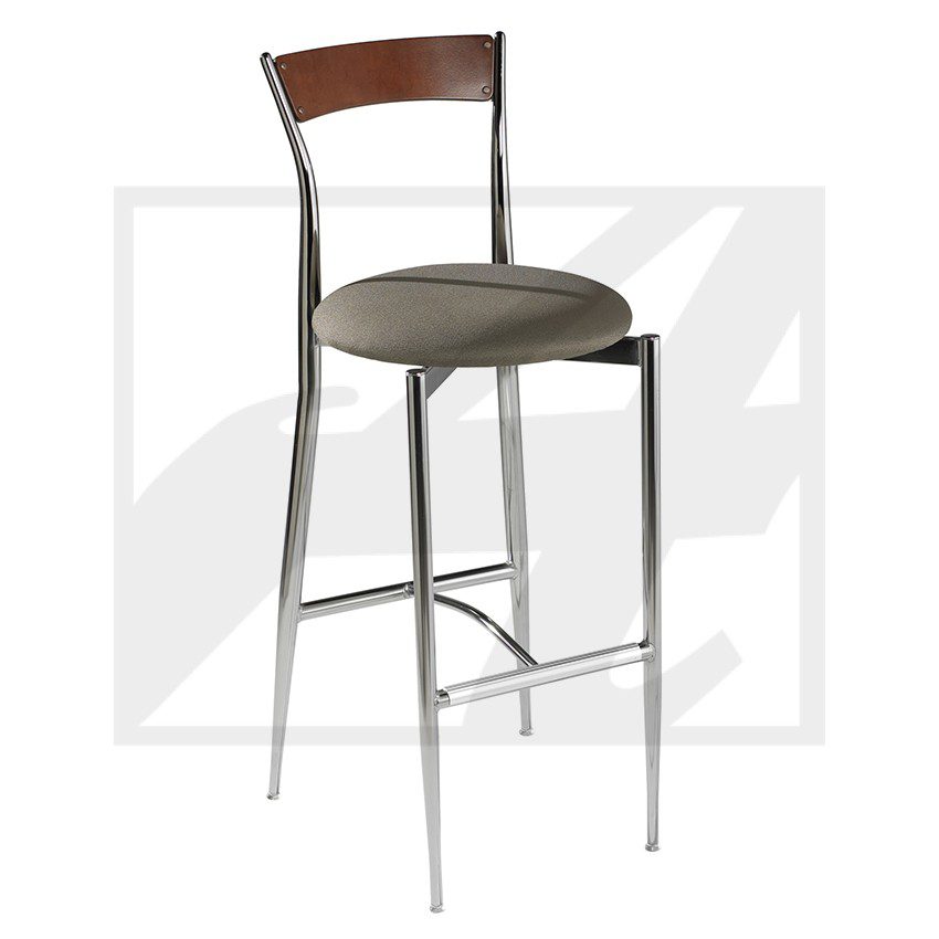 Modern bar stool with metal legs and wooden backrest.