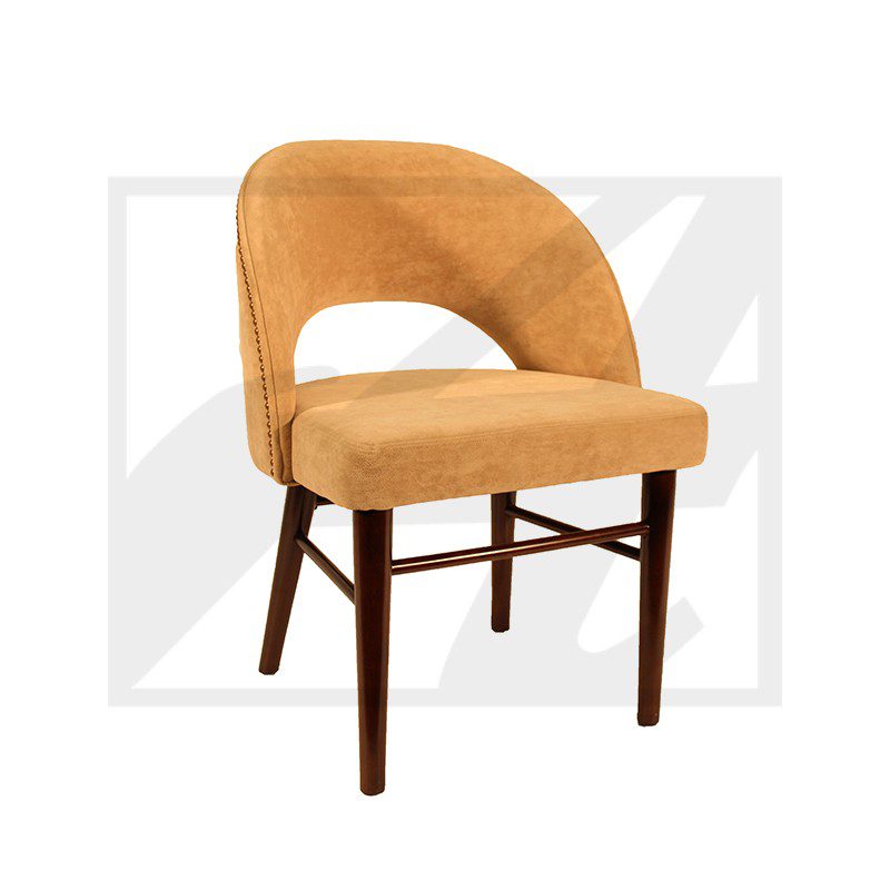 Modern mustard-yellow upholstered chair with wooden legs.