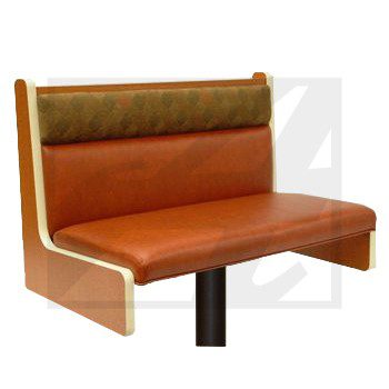 A brown and orange cushioned booth seat with a wooden frame.