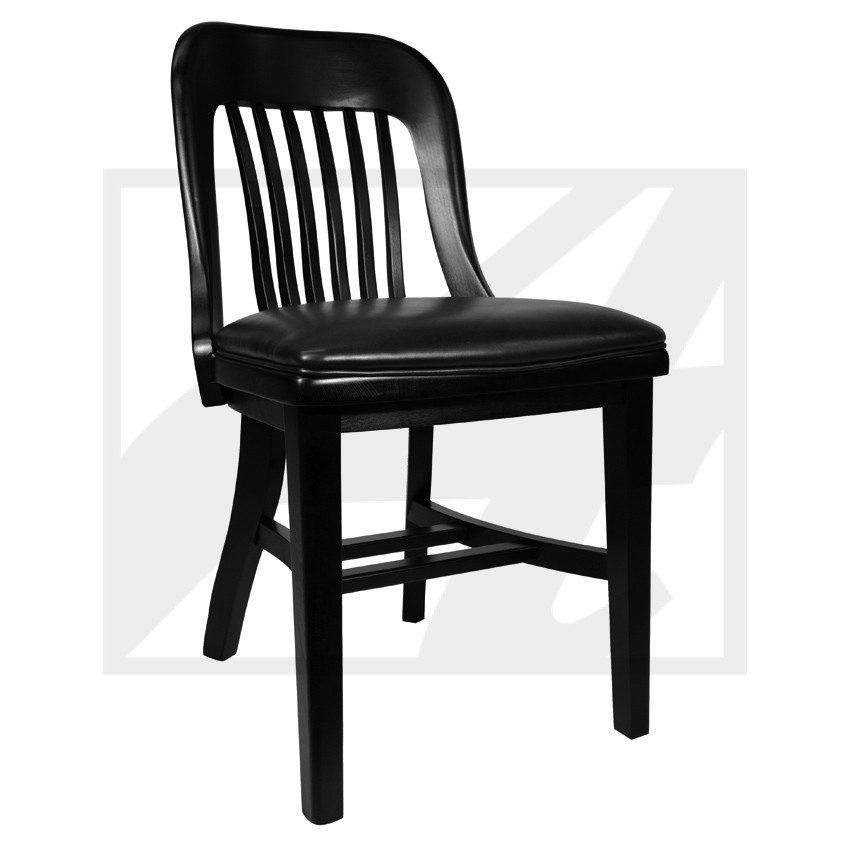 A black wooden chair with a slatted backrest and cushioned seat.