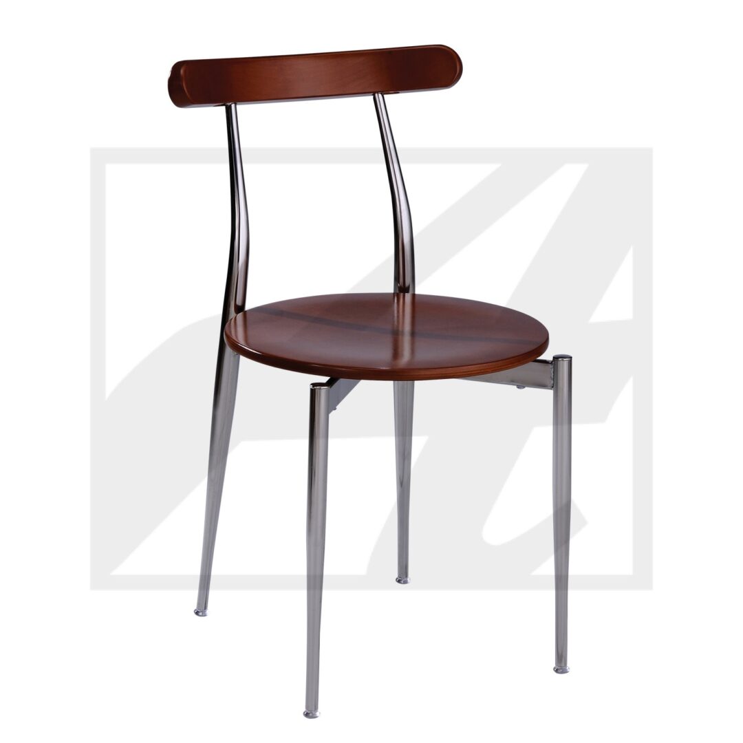 Modern chair with metal legs and wooden seat and backrest.