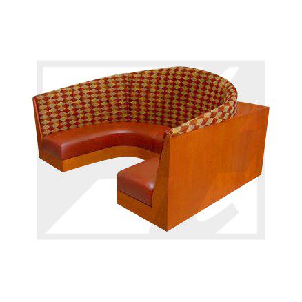 Wooden curved bench with patterned upholstery.