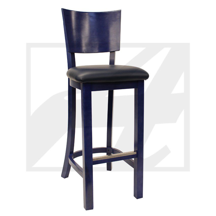 Tall wooden bar stool with a padded seat and backrest.