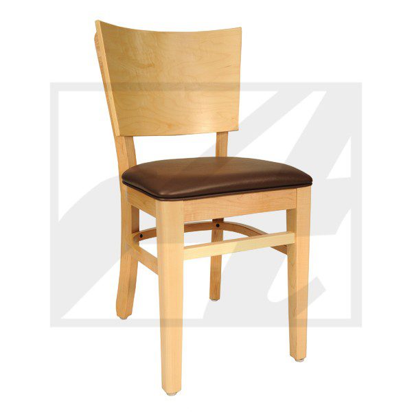 Wooden chair with a cushioned brown seat and a curved backrest.
