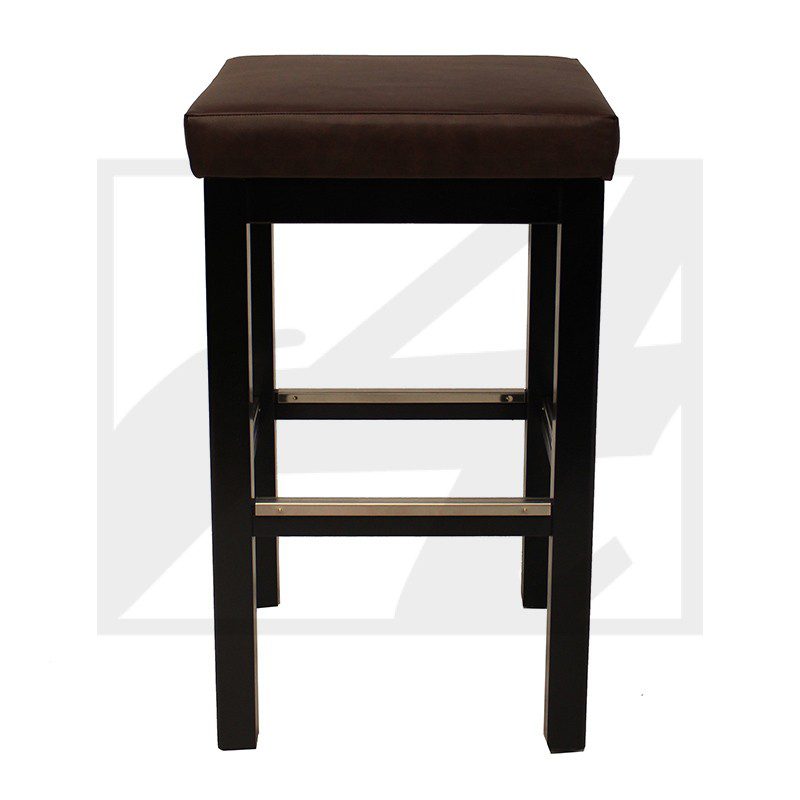 Simple wooden stool with a cushioned brown seat.