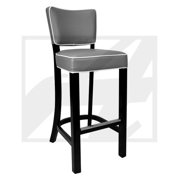 Modern bar stool with gray cushioned seat and backrest, black wooden legs.