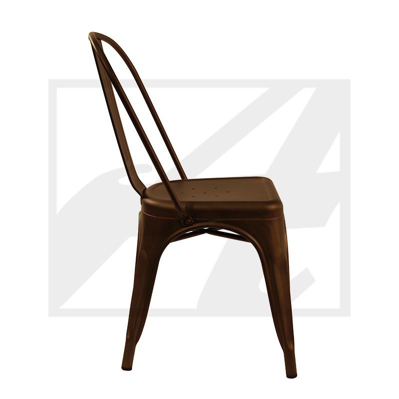 A sleek brown metal chair with a minimalist design and curved backrest.