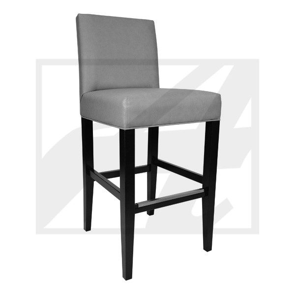 Modern bar stool with gray upholstered seat and backrest, and black wooden legs.