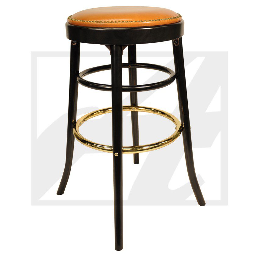 Classic wooden bar stool with a round seat and metal footrest.