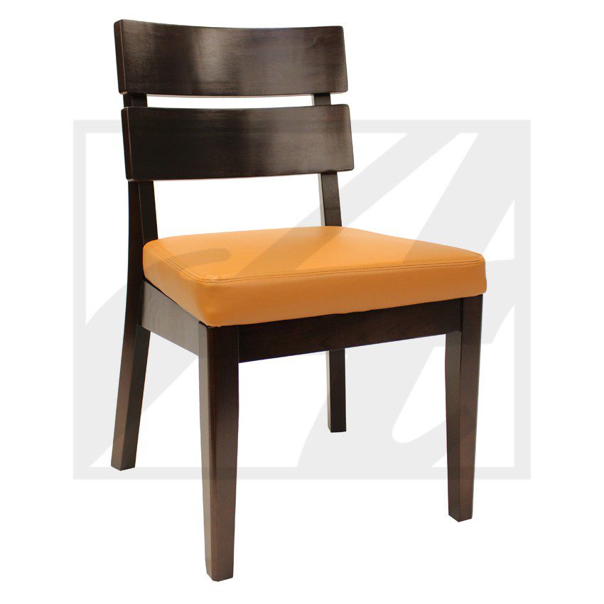 Wooden chair with a cushioned orange seat.