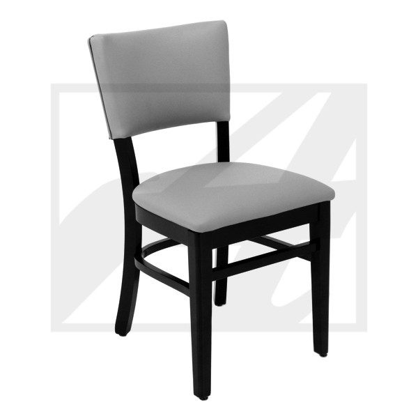 Modern chair with a black frame and gray cushioned seat and backrest.
