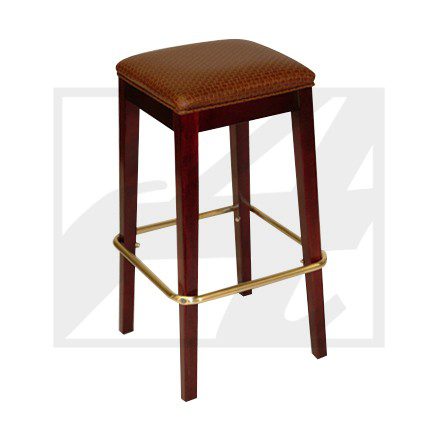 Wooden bar stool with a brown cushioned seat and brass footrest.