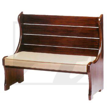 Wooden bench with a cushioned seat and curved backrest.