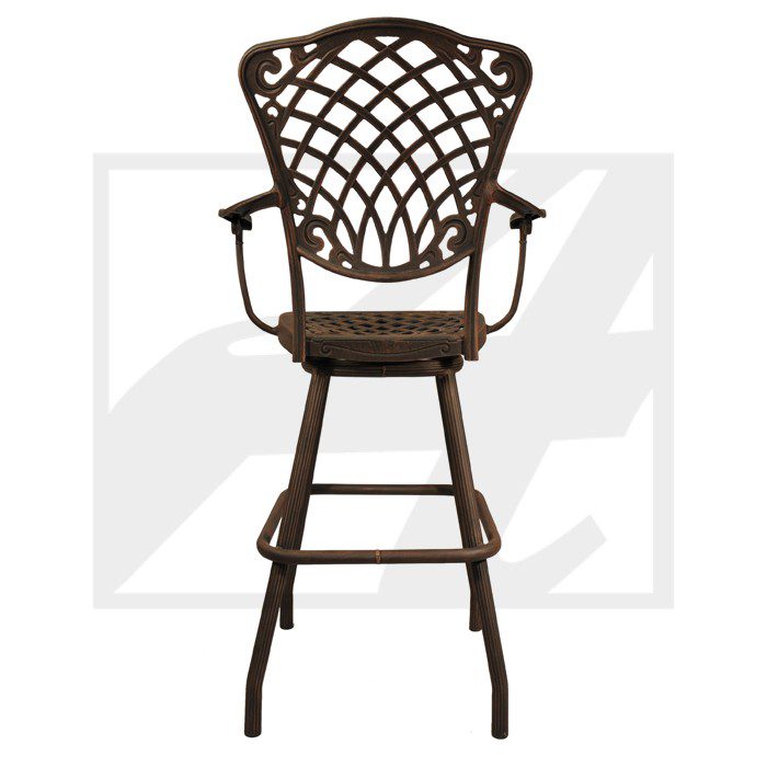 Elegant outdoor bar stool with intricate lattice back design.