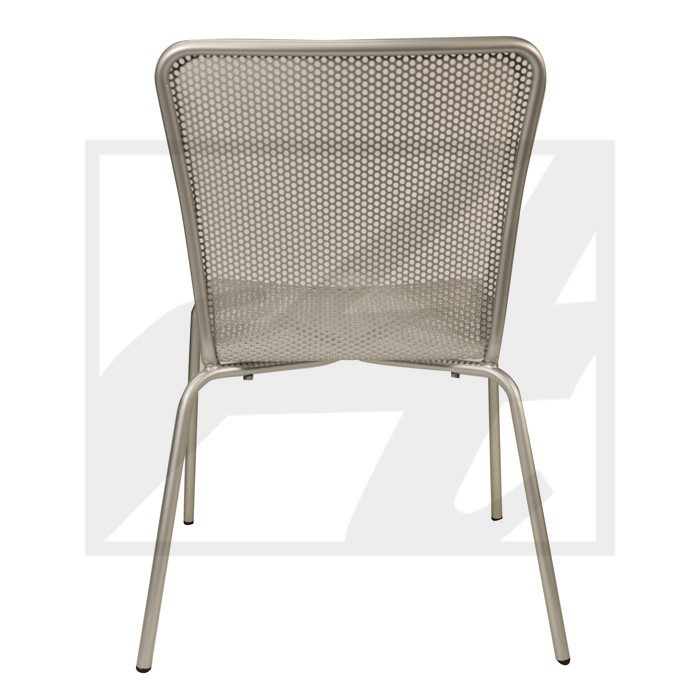Beige mesh chair with metal frame, viewed from the back.