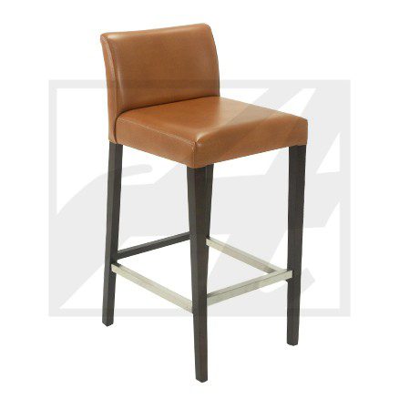 Modern brown leather bar stool with wooden legs and metal footrest.