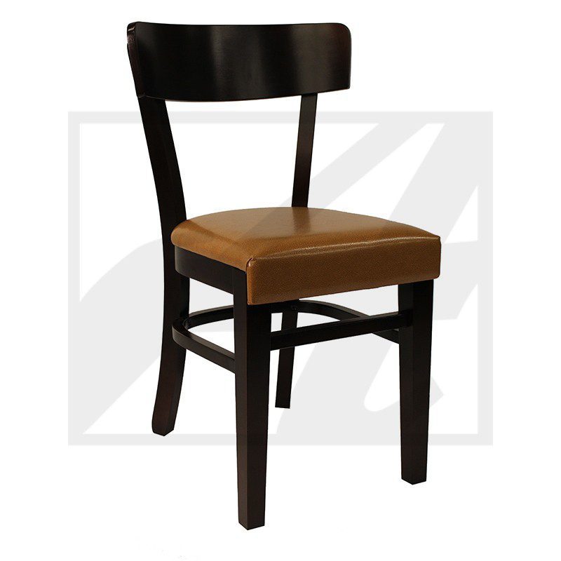 Wooden chair with black frame and brown seat.