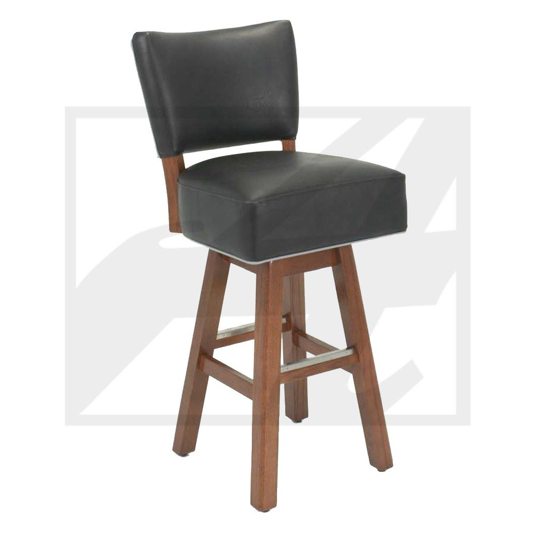 Black cushioned bar stool with wooden legs and backrest.