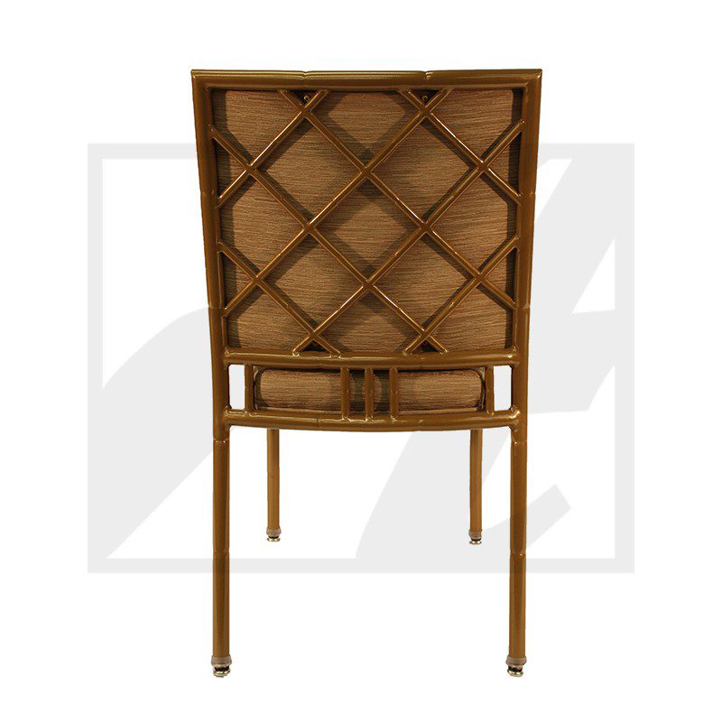 Back view of a wooden chair with a diamond-patterned cushioned backrest.